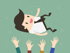 Success. businessman being thrown in the air. Flat design illustration